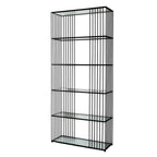 Opposite angled view of the six-shelf unit, showing its clear shelf surfaces and repeated black vertical rods.