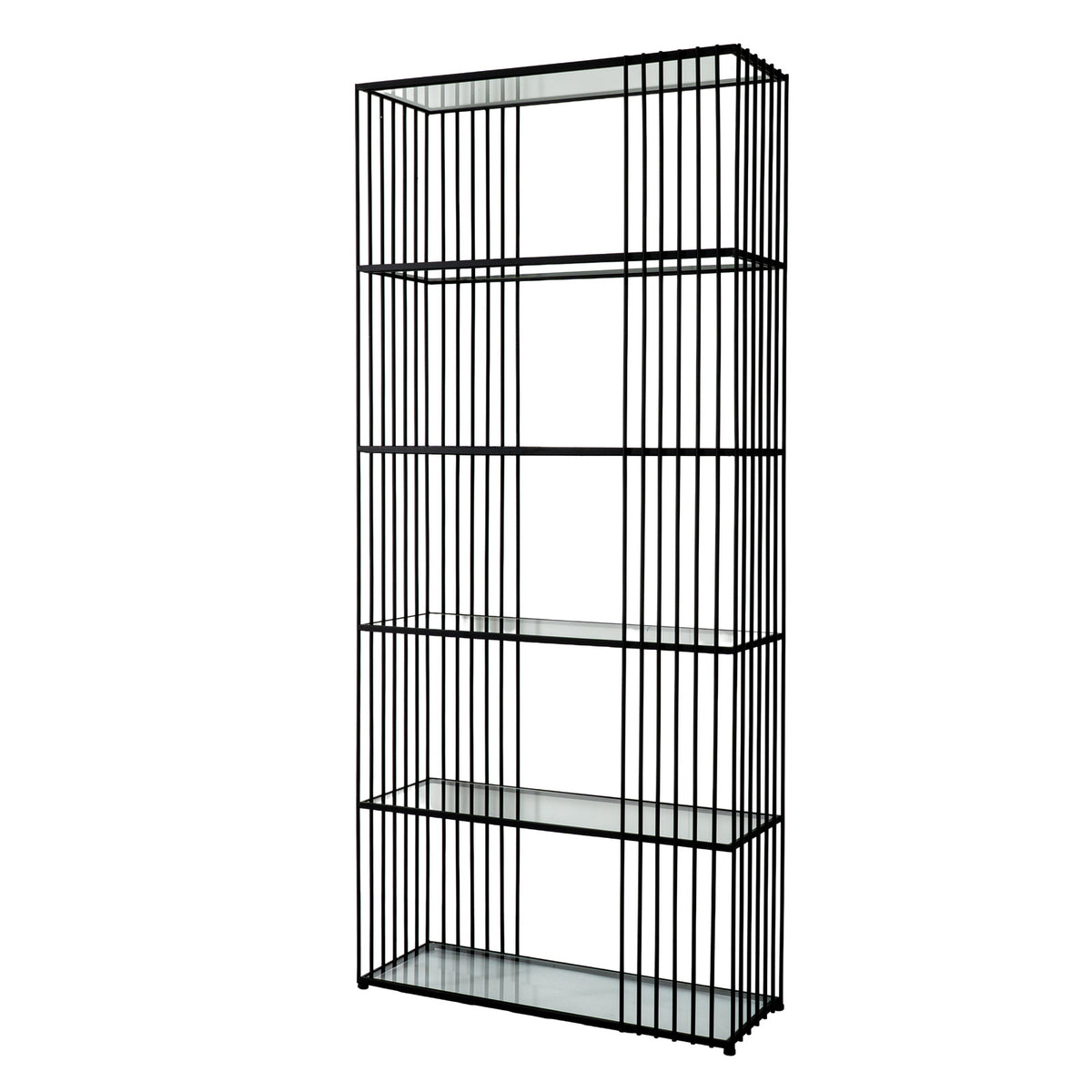 Opposite angled view of the six-shelf unit, showing its clear shelf surfaces and repeated black vertical rods.