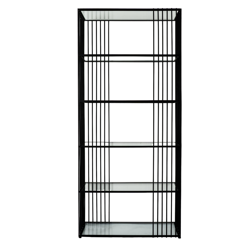 Straight-on view of the empty shelving unit, with six clear horizontal shelves within a tall black rectangular frame.