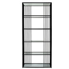 Straight-on view of the empty shelving unit, with six clear horizontal shelves within a tall black rectangular frame.