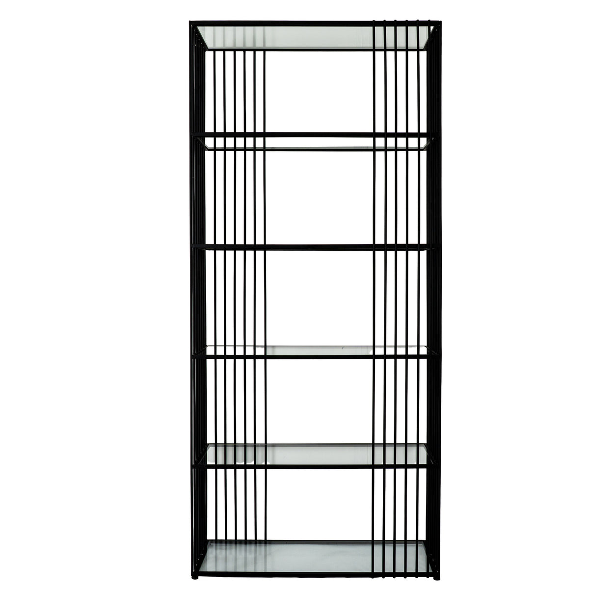 Straight-on view of the empty shelving unit, with six clear horizontal shelves within a tall black rectangular frame.