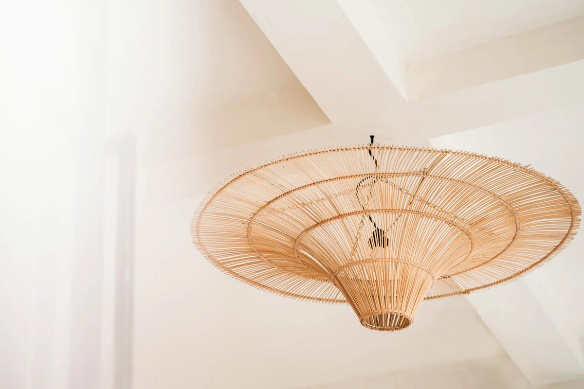 Sky Rattan Pendant Light – Natural, Extra Extra Large — styled beneath a pale ceiling