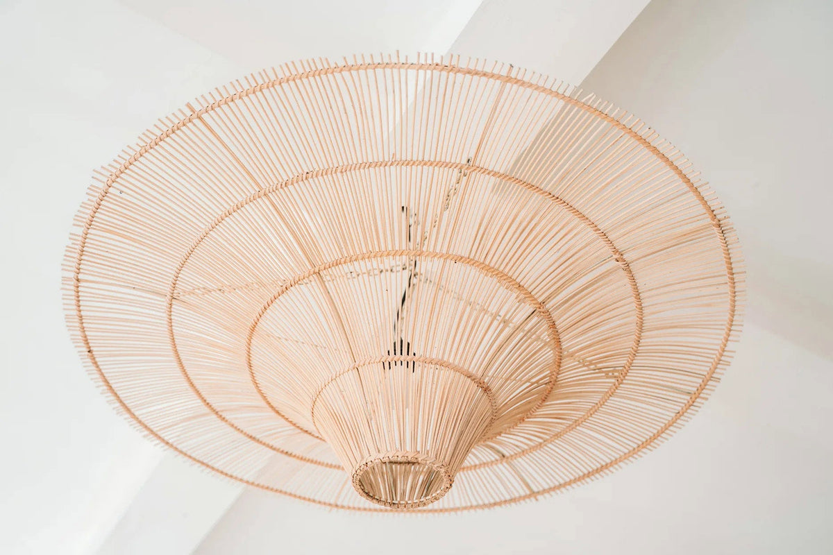 Sky Rattan Pendant Light – Natural, Extra Large – underside view against a pale ceiling