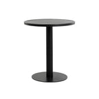 Black round bistro table with a slatted top, tall central column and flat circular base against a white background.