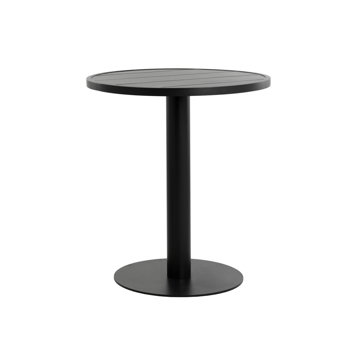 Black round bistro table with a slatted top, tall central column and flat circular base against a white background.