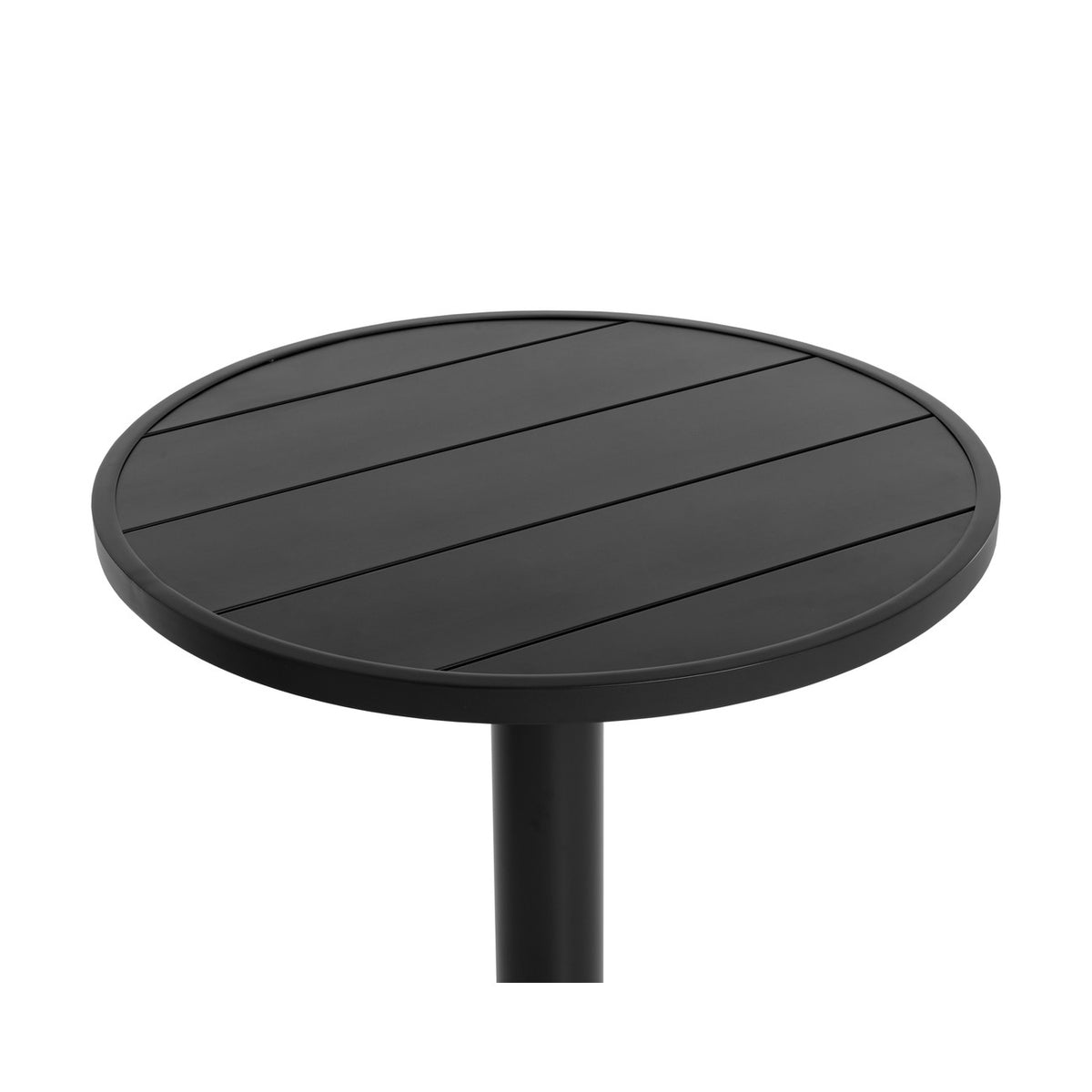 Angled close-up of the black circular tabletop showing broad parallel slats and the enclosing rim.