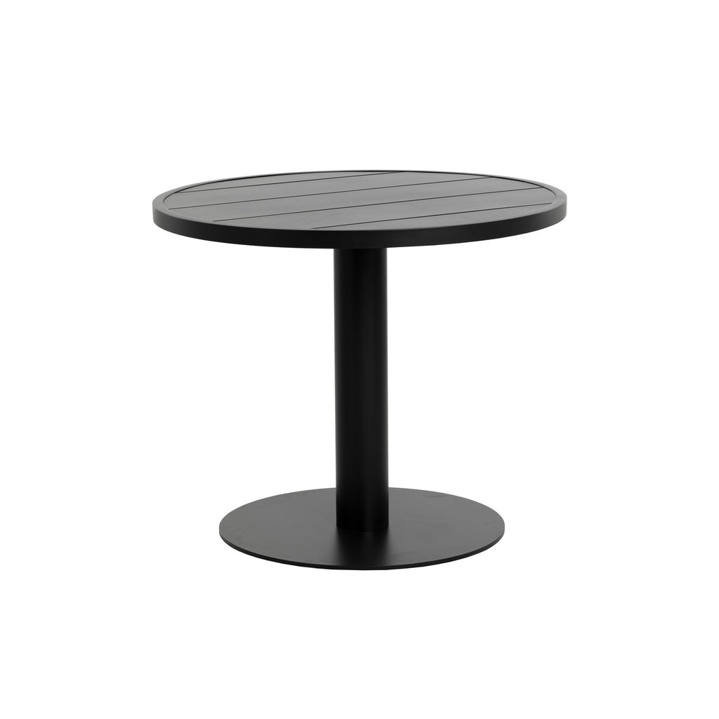 Black round bistro table with a slatted top, single pedestal and circular base on a white background.