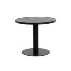 Black round bistro table with a slatted top, single pedestal and circular base on a white background.