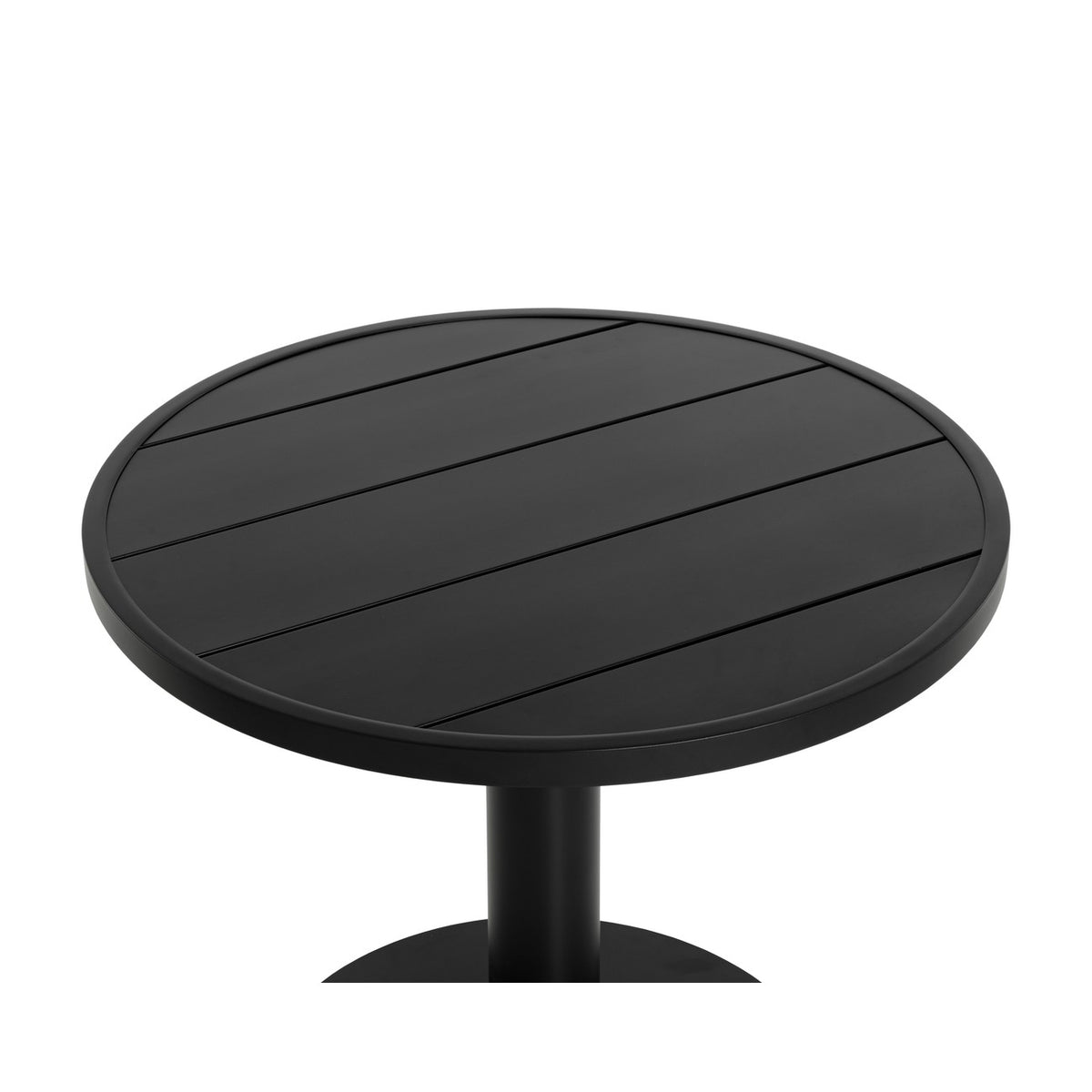 Close-up of the black tabletop showing parallel slats enclosed by a circular rim.