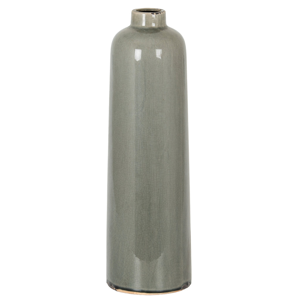Full view of a slender pale-grey vase with rounded shoulders, a short neck and dark distressed marks at the rim and base.