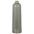 Full view of a slender pale-grey vase with rounded shoulders, a short neck and dark distressed marks at the rim and base.