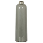 Full view of a slender pale-grey vase with rounded shoulders, a short neck and dark distressed marks at the rim and base.