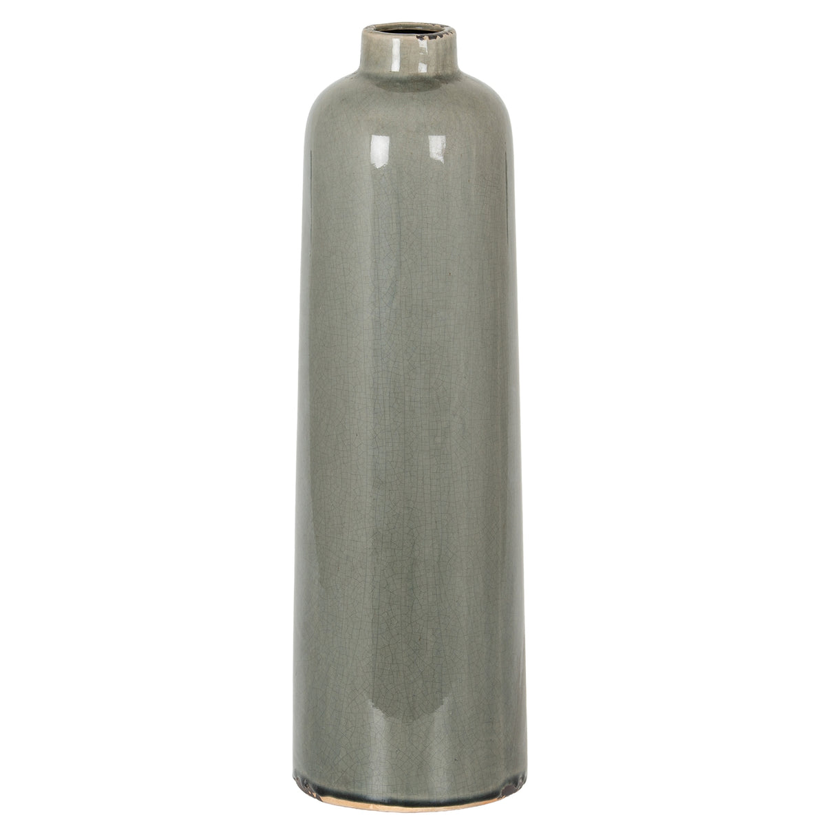 Full view of a slender pale-grey vase with rounded shoulders, a short neck and dark distressed marks at the rim and base.