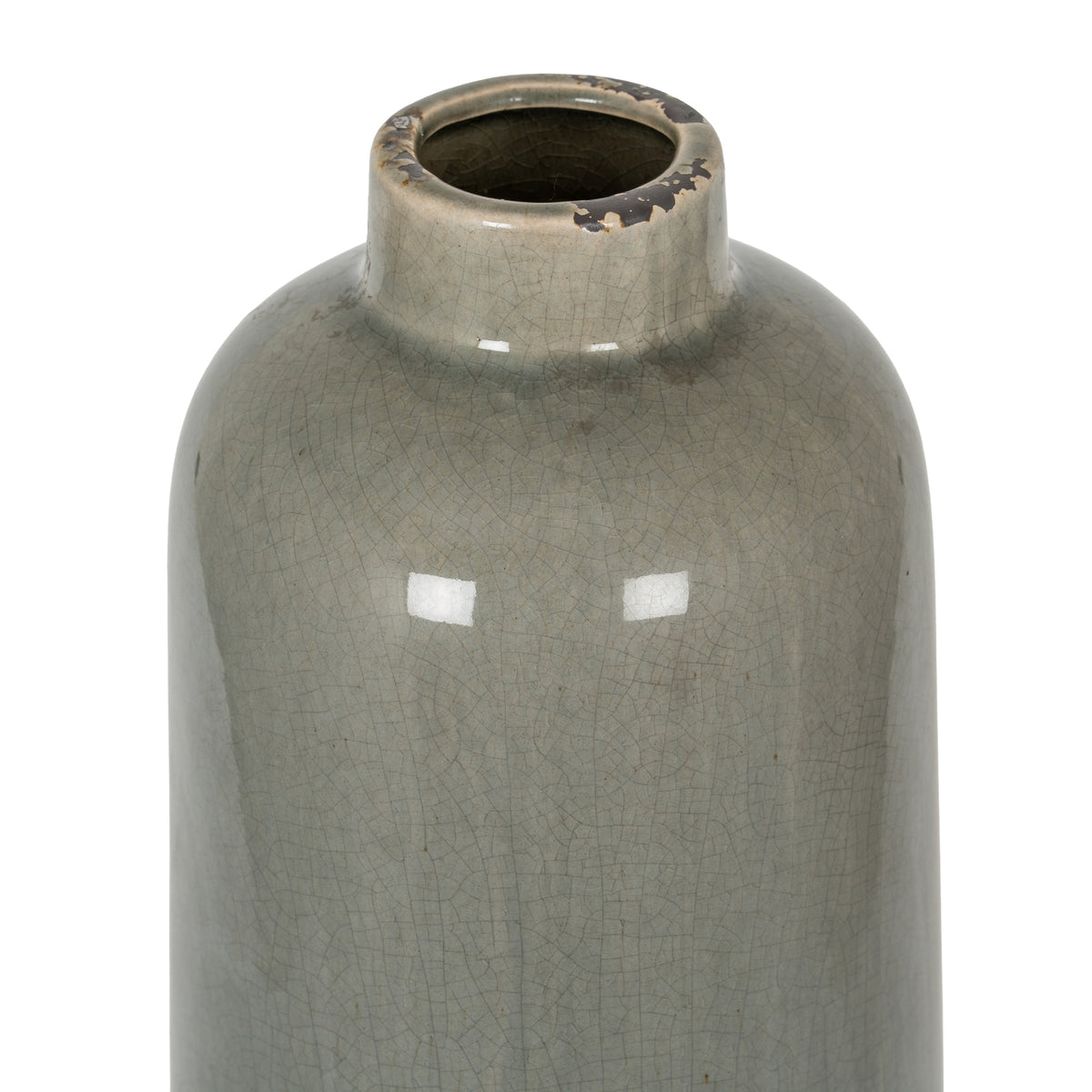 View from above of the vase opening and rounded shoulders, showing fine crackle lines and dark patches around the lip.