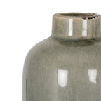 Close-up of the vase neck and shoulder with glossy reflections, pale-grey crackle glaze and dark distressed marks along the rim.