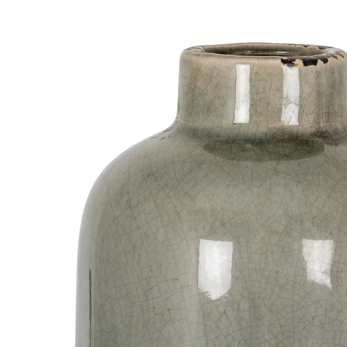 Close-up of the vase neck and shoulder with glossy reflections, pale-grey crackle glaze and dark distressed marks along the rim.