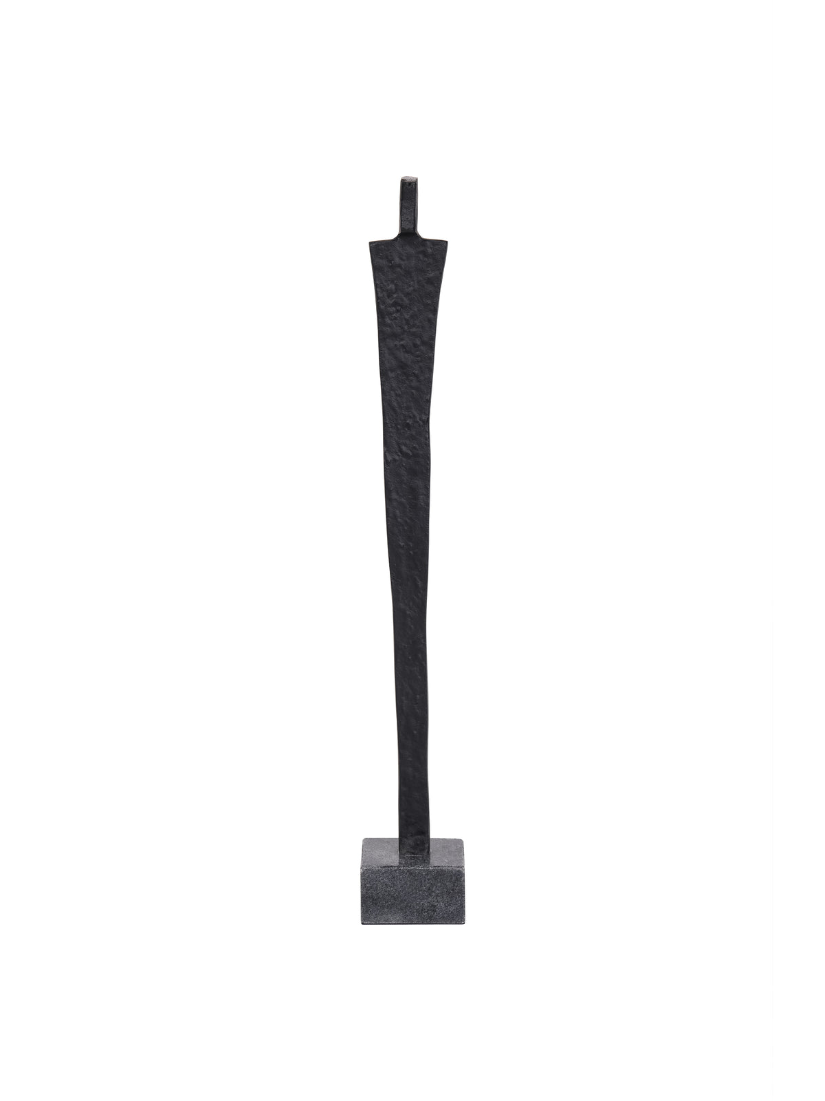 Full front view of a slender black abstract figure sculpture on a grey square base against white.
