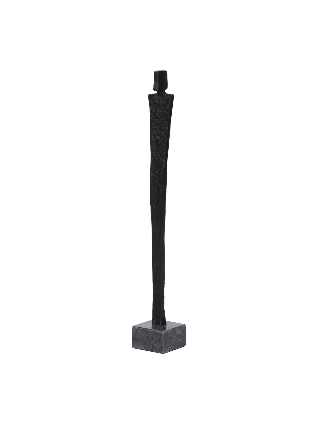 Angled view of the black figure sculpture showing its block-shaped head, narrow body and square base.