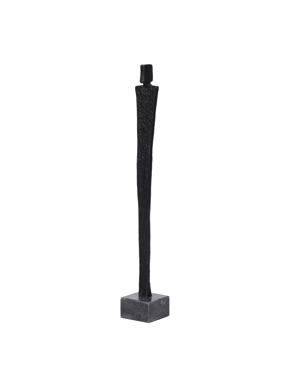 Angled view of the black figure sculpture showing its block-shaped head, narrow body and square base.