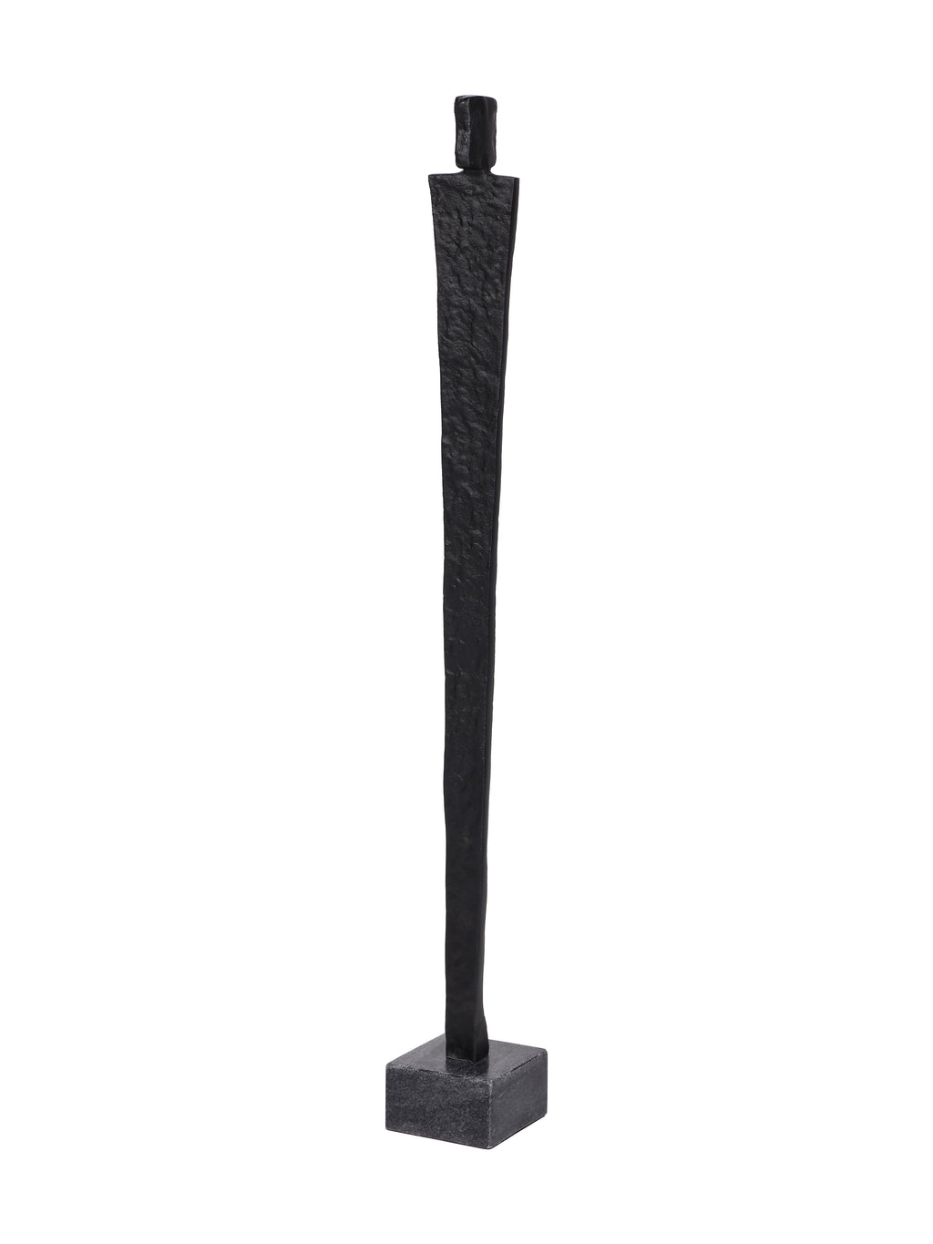 Angled view of the slender black figure sculpture showing the depth of its rectangular head, body and square base.