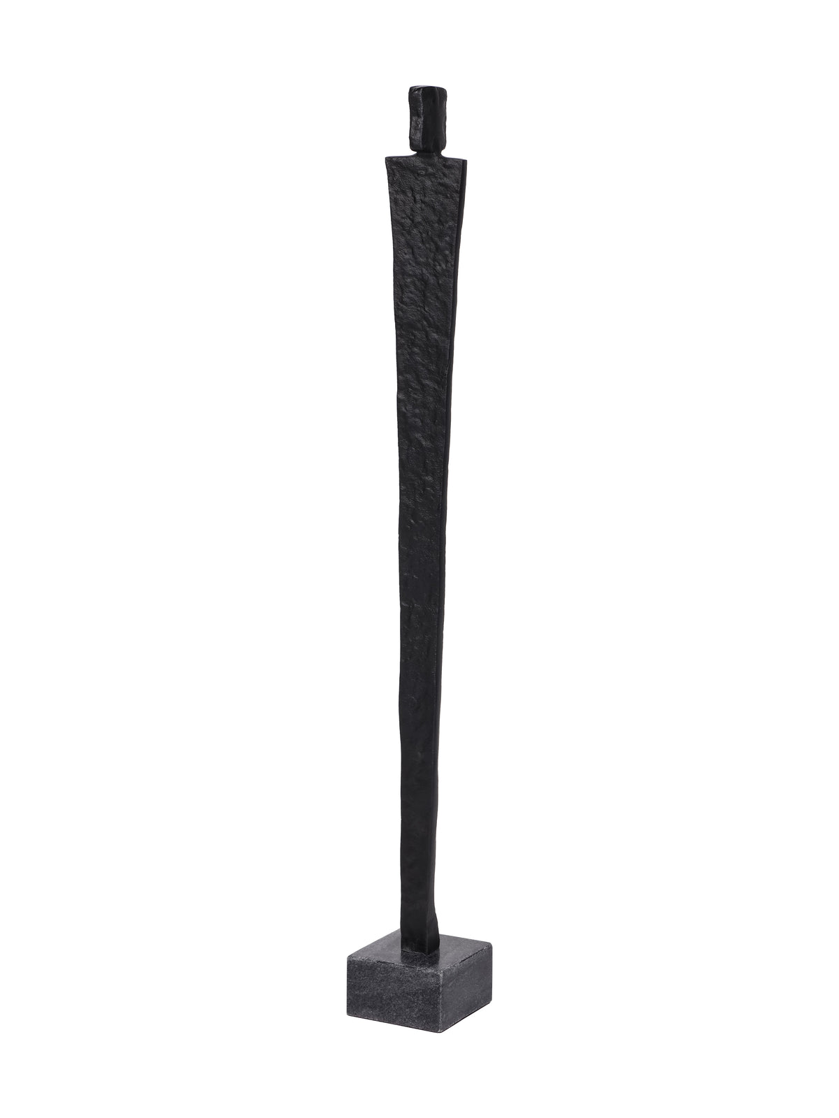 Angled view of the slender black figure sculpture showing the depth of its rectangular head, body and square base.