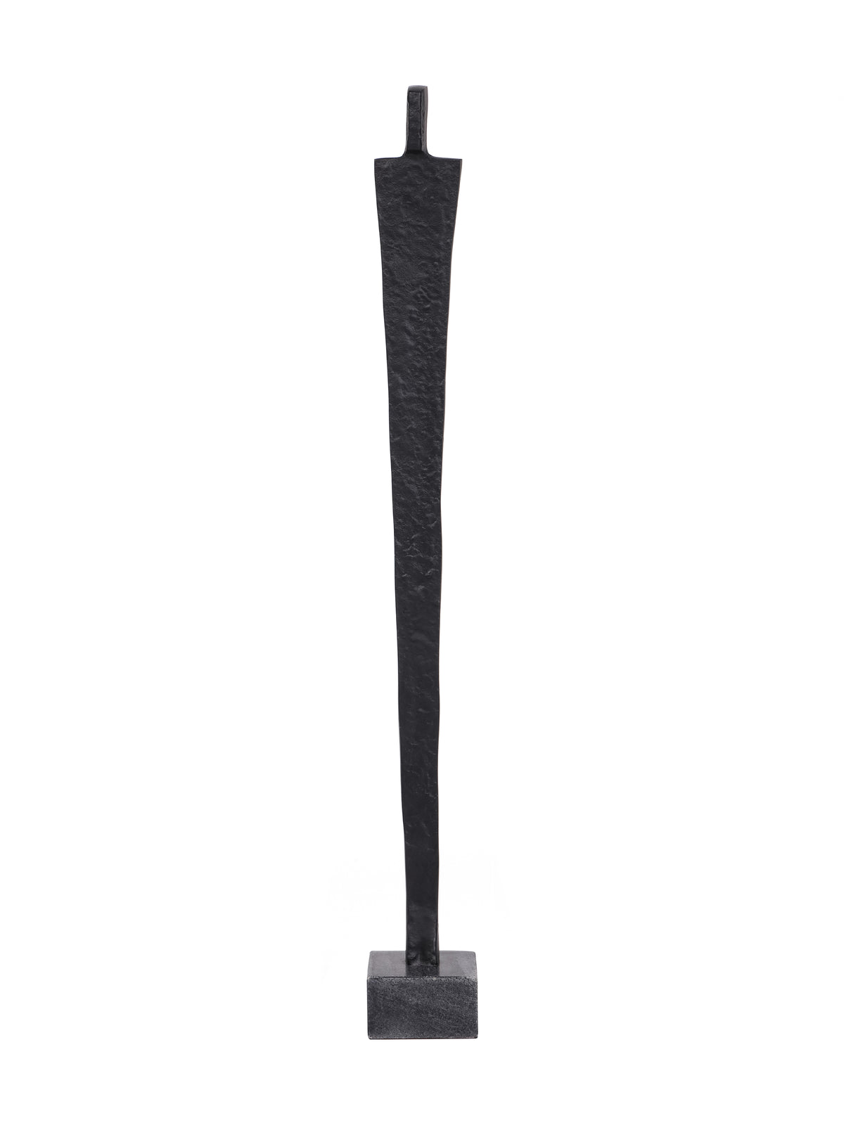 Rear view of the elongated black figure sculpture with a textured tapering body and contrasting grey base.
