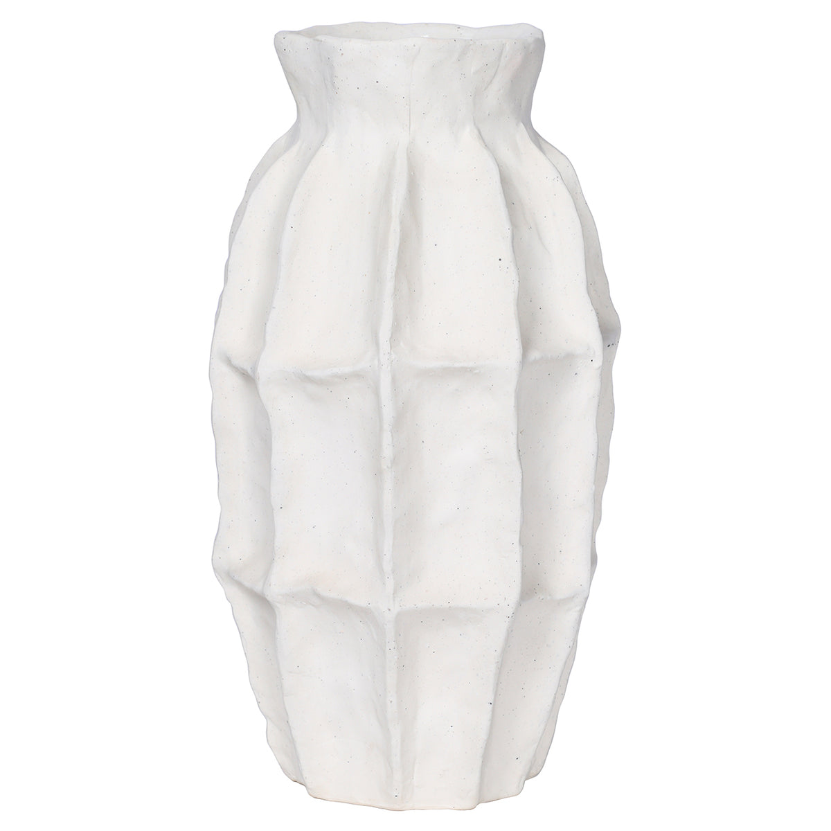 Front view of the slender white vase with softly panelled sides and a gently uneven rim.