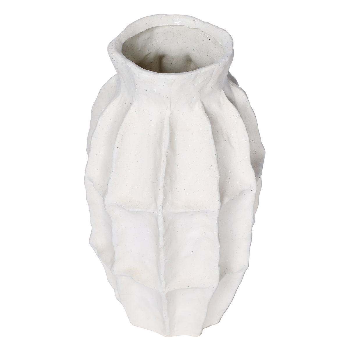 Angled view from above showing the white vase's open neck and rounded panelled body.
