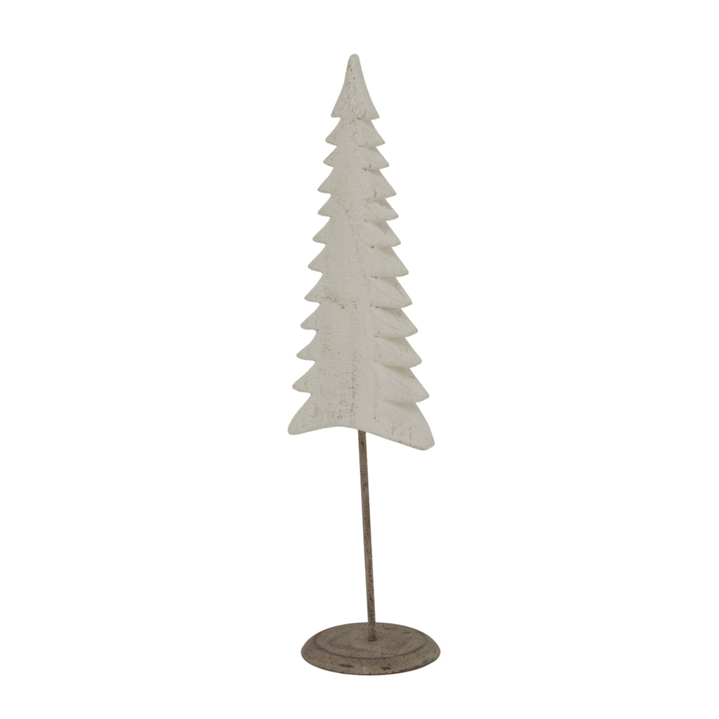 Angled view of the pale tiered fir-tree decoration, showing its curved branch edges and round base beneath the slender stem.