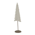 Angled view of the pale tiered fir-tree decoration, showing its curved branch edges and round base beneath the slender stem.