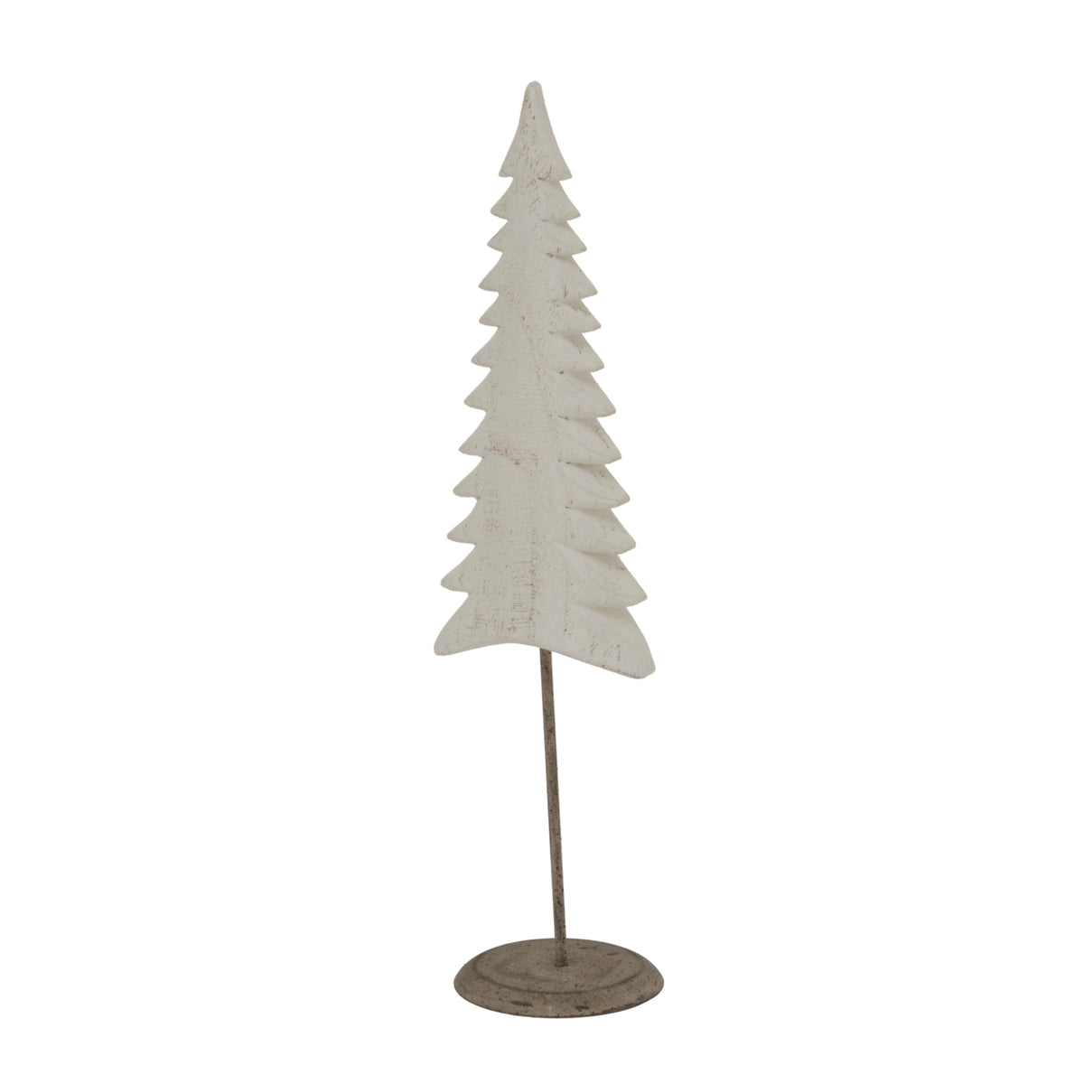 Angled view of the pale tiered fir-tree decoration, showing its curved branch edges and round base beneath the slender stem.