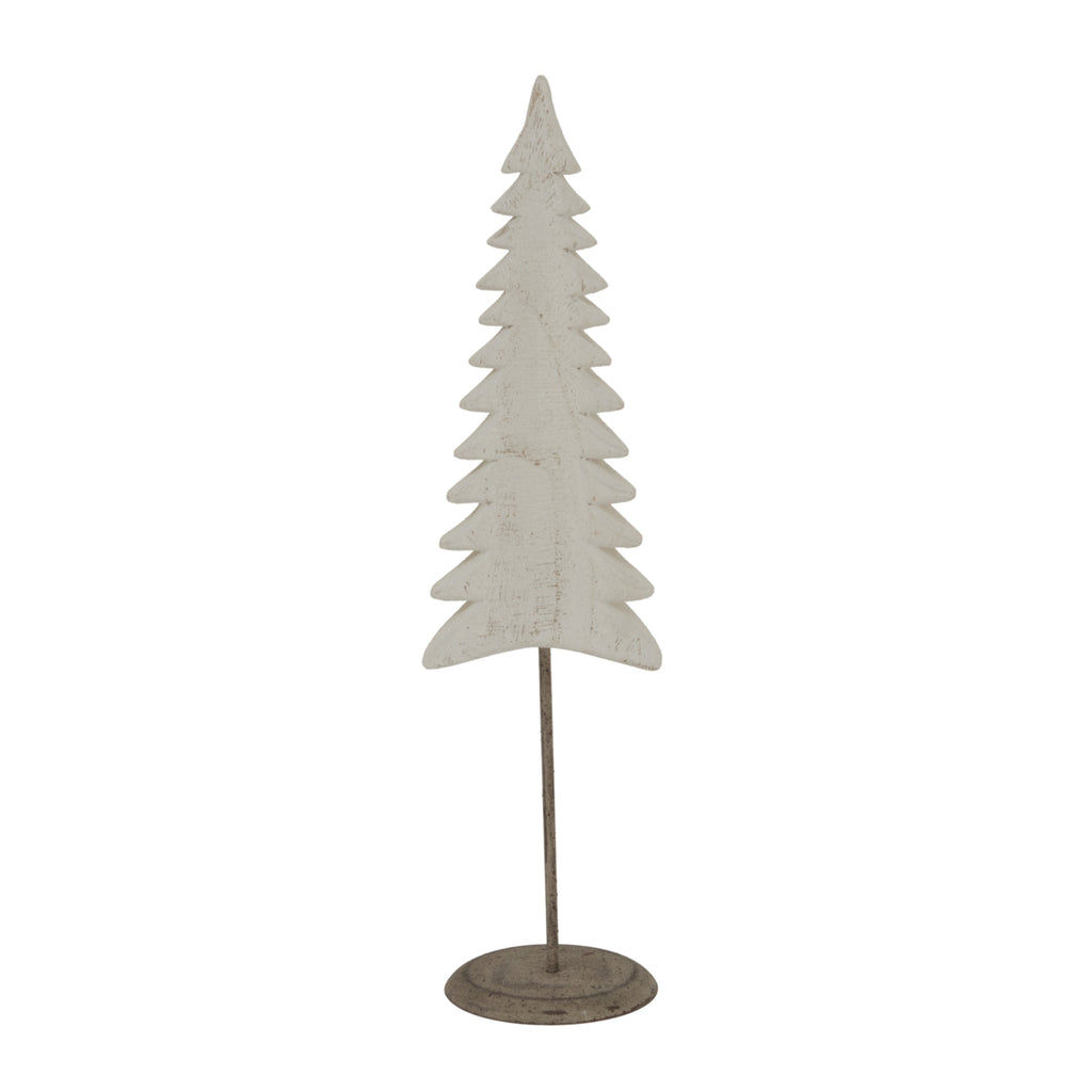 Front view of a slim whitewashed fir-tree decoration with graduated tiers, a dark stem and a round mottled base.