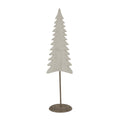 Front view of a slim whitewashed fir-tree decoration with graduated tiers, a dark stem and a round mottled base.