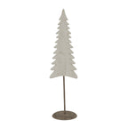 Front view of a slim whitewashed fir-tree decoration with graduated tiers, a dark stem and a round mottled base.