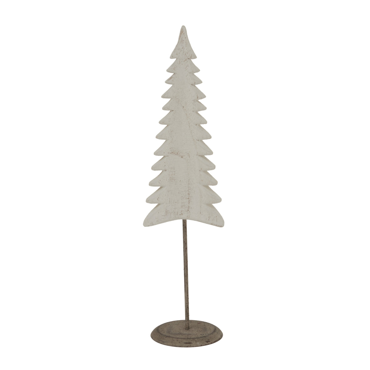 Front view of a slim whitewashed fir-tree decoration with graduated tiers, a dark stem and a round mottled base.
