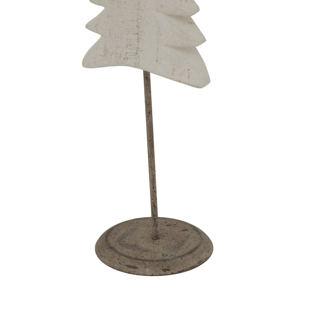 Close-up of the tree's lower whitewashed tiers, dark speckled stem and circular base with an aged-looking mottled finish.