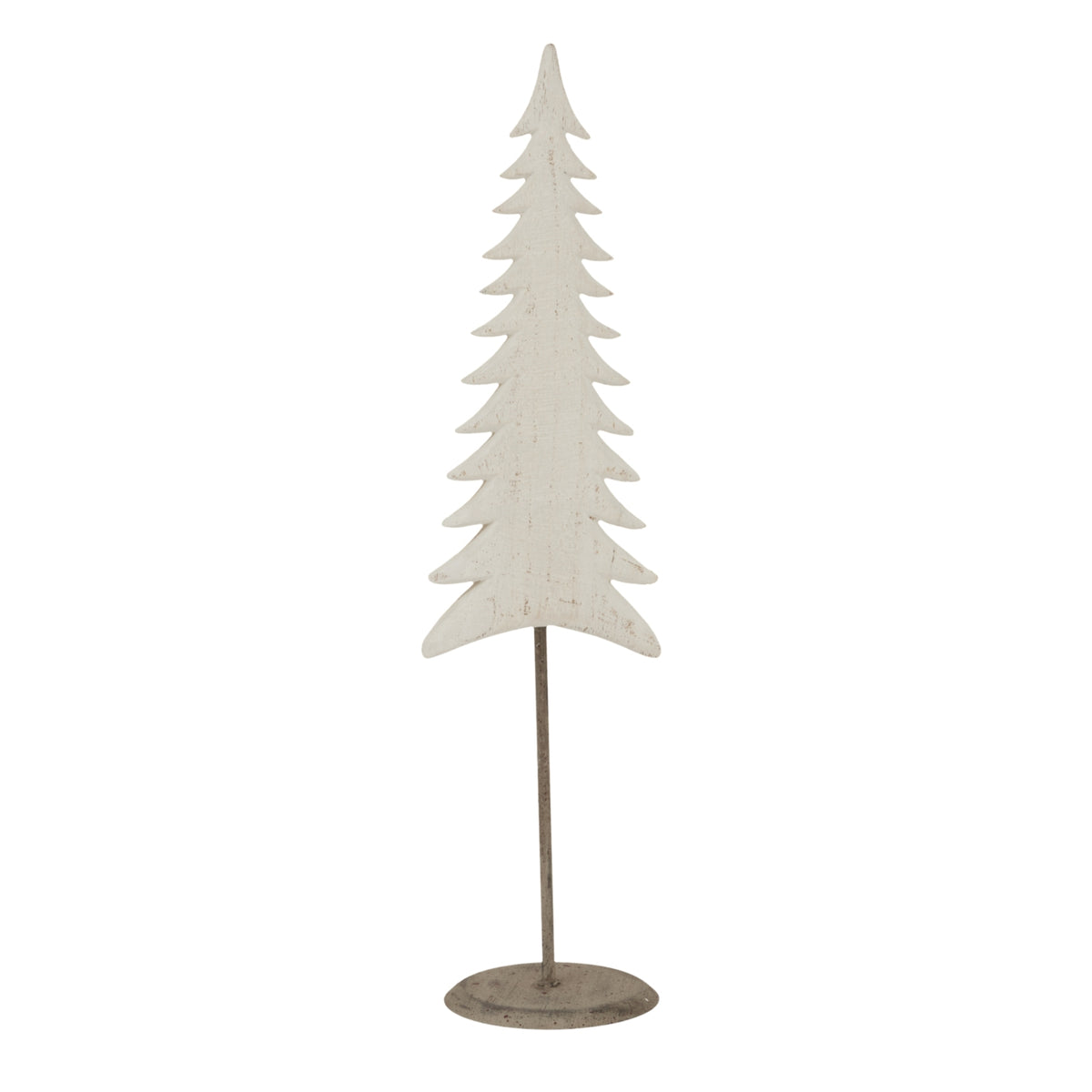 Full view of a slim whitewashed fir-tree decoration on a long dark stem and round mottled base.