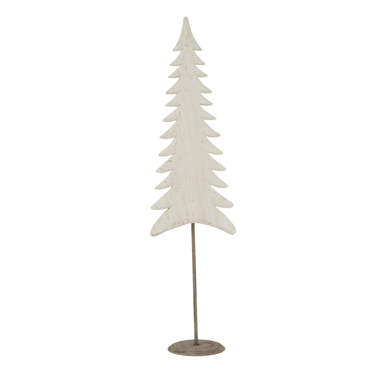 Full view of a slender whitewashed fir-tree decoration on a long dark stem and round mottled base.