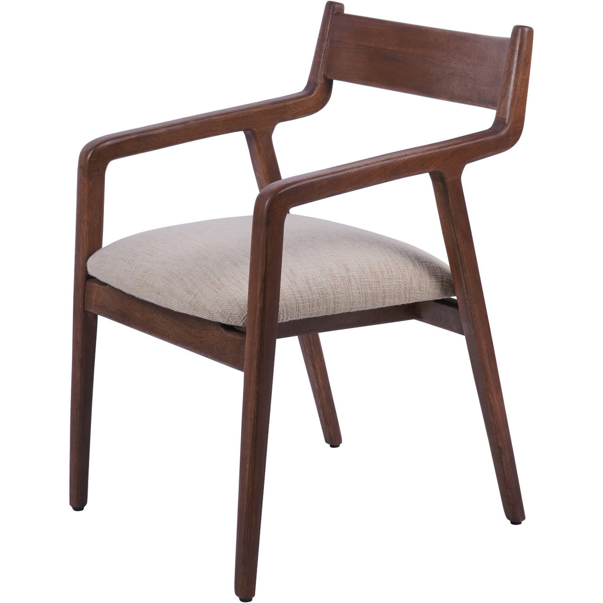 Three-quarter front view of the Sling Dining Chair with dark brown wooden arms and a beige upholstered seat.