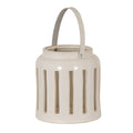 Glossy cream cylindrical lantern on a white background, with long rectangular cut-outs, a rounded shoulder, an open rim and a pale arched strap-like handle.