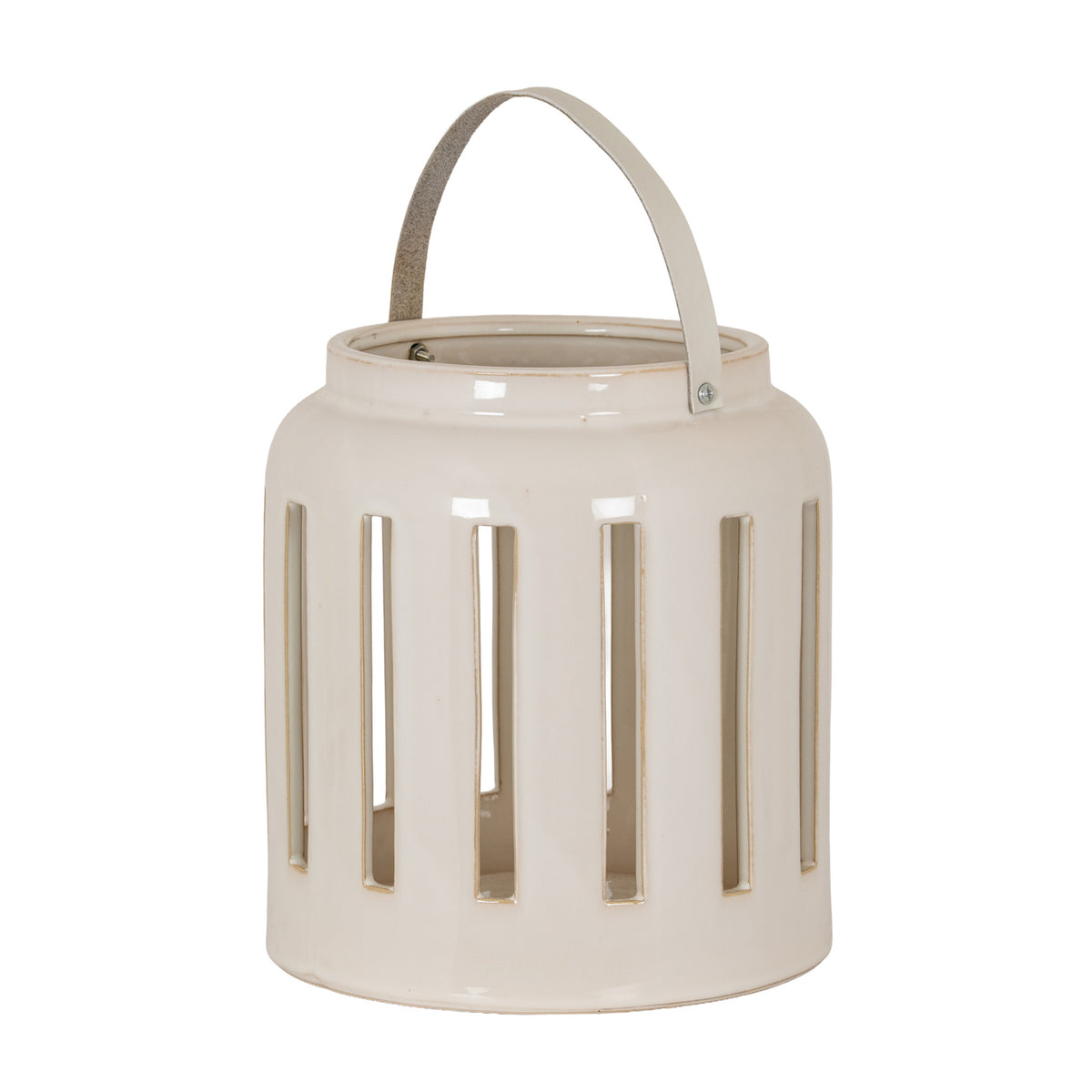 Glossy cream cylindrical lantern with tall rectangular cut-outs, an open rim and a pale arched strap-like handle, shown against white with no candle visible.