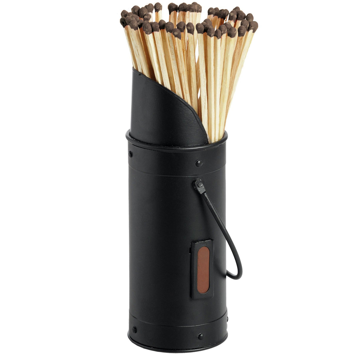Black cylindrical match holder with a raised sloping mouth, wire loop handle and rust-brown side patch, filled with long pale matches with dark tips.