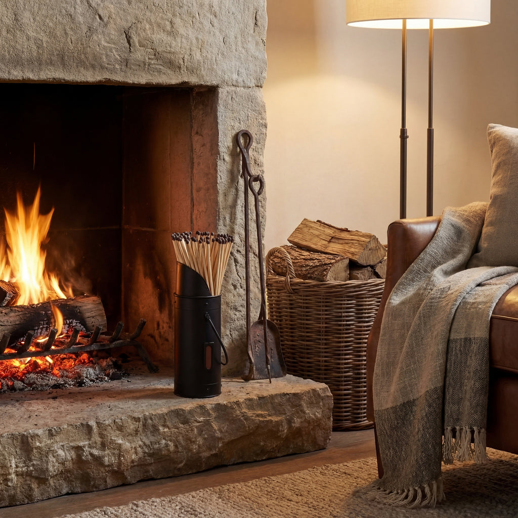Black match holder filled with long matches on a stone hearth beside a lit fireplace, fireside tools and a wicker log basket.