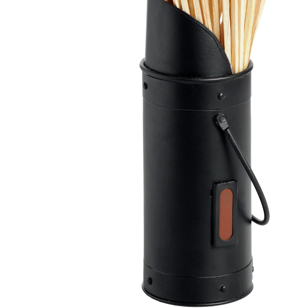 Close-up of the black match holder showing its riveted bands, loop handle, rust-brown rectangular patch and curved edge beneath the matches.