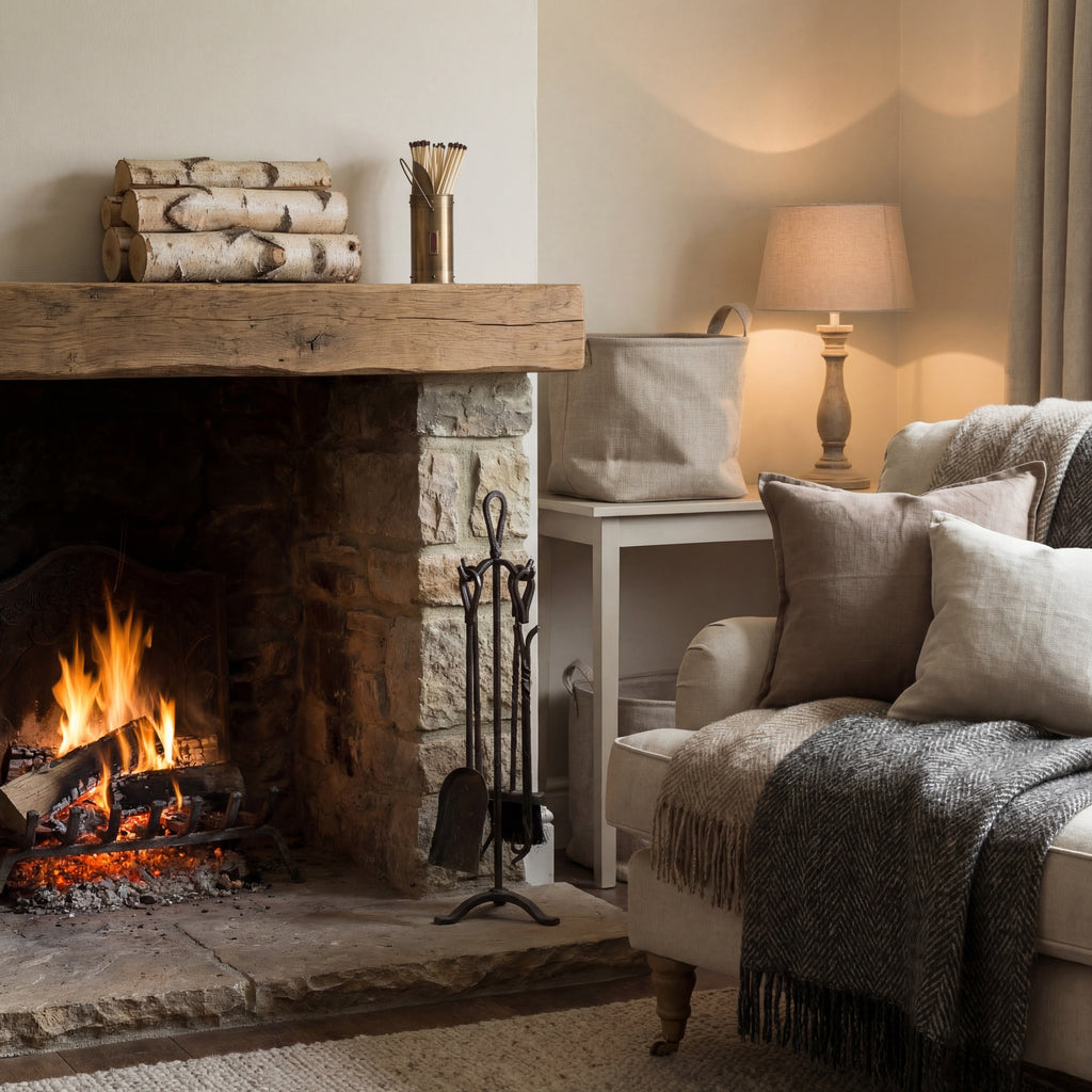 Bronze-coloured match holder shown on a timber mantel beside stacked pale logs, above a lit fireplace in a room with a lamp and cushioned armchair.