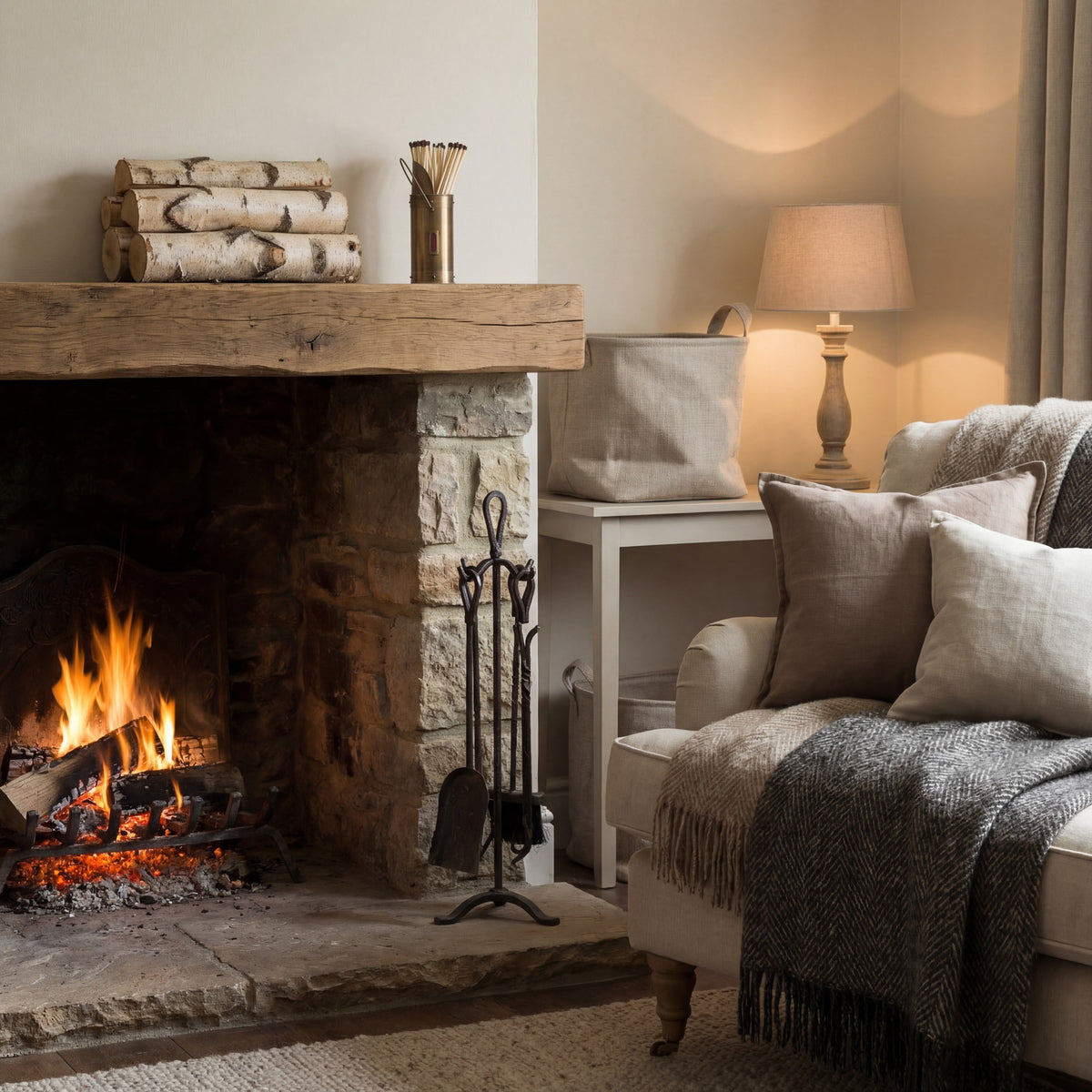 Bronze-coloured match holder shown on a timber mantel beside stacked pale logs, above a lit fireplace in a room with a lamp and cushioned armchair.
