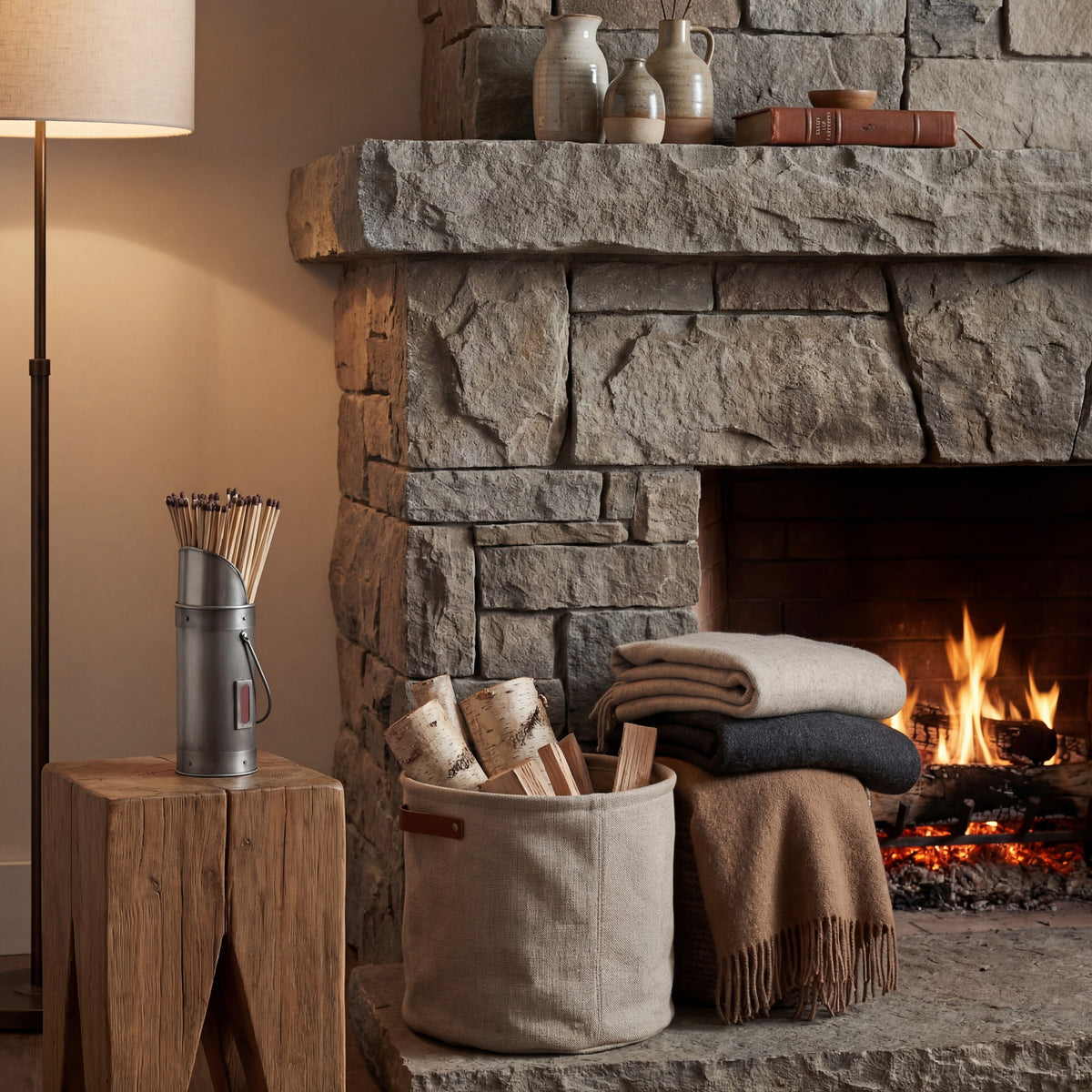Silver match holder on a timber block beside a stone fireplace, with a basket of logs, folded blankets and a floor lamp.