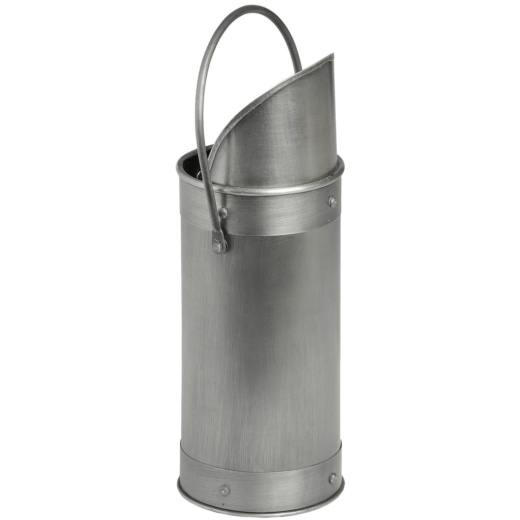 Rear view of the empty silver match holder with its wire handle raised above the sloping mouth and riveted bands around the body.