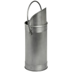 Rear view of the empty silver match holder with its wire handle raised above the sloping mouth and riveted bands around the body.
