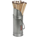 Silver match holder filled with pale wooden matches, showing its sloping rim, riveted bands, loop handle and brown front striker.
